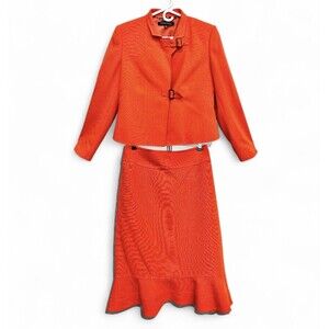 Anne Klein Skirt Suit Size 10 Orange Red Business Career Ruffle Buckle Colorful